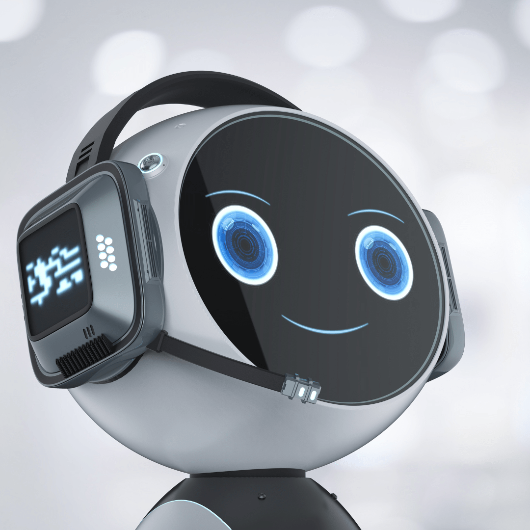 A futuristic robot with a round head, smiling digital face, and glowing blue eyes, wearing large headphones against a blurred background.