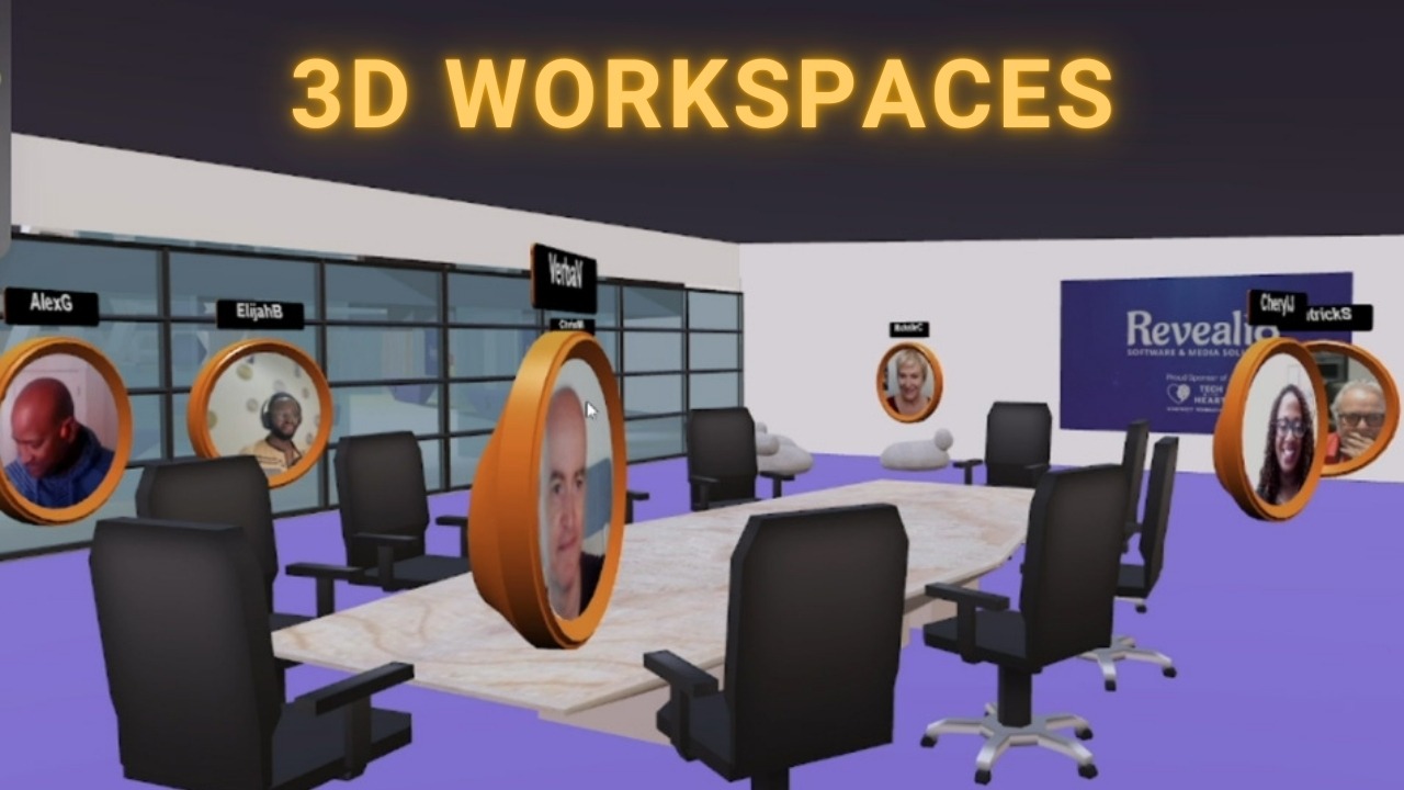 Image of a group of people as avatars in a 3D virtual meeting room, like zoom in the metaverse