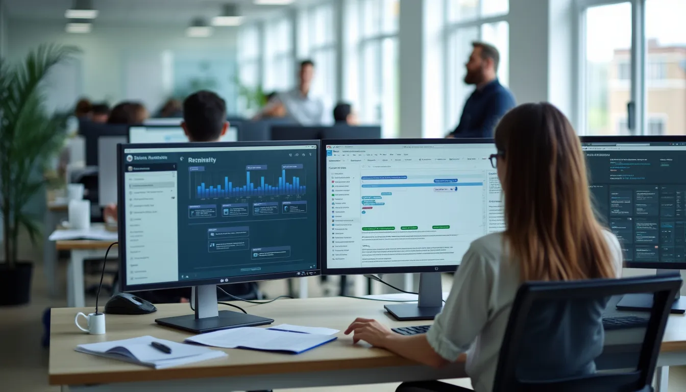 business woman at desk with two desktops featuring business automation tools