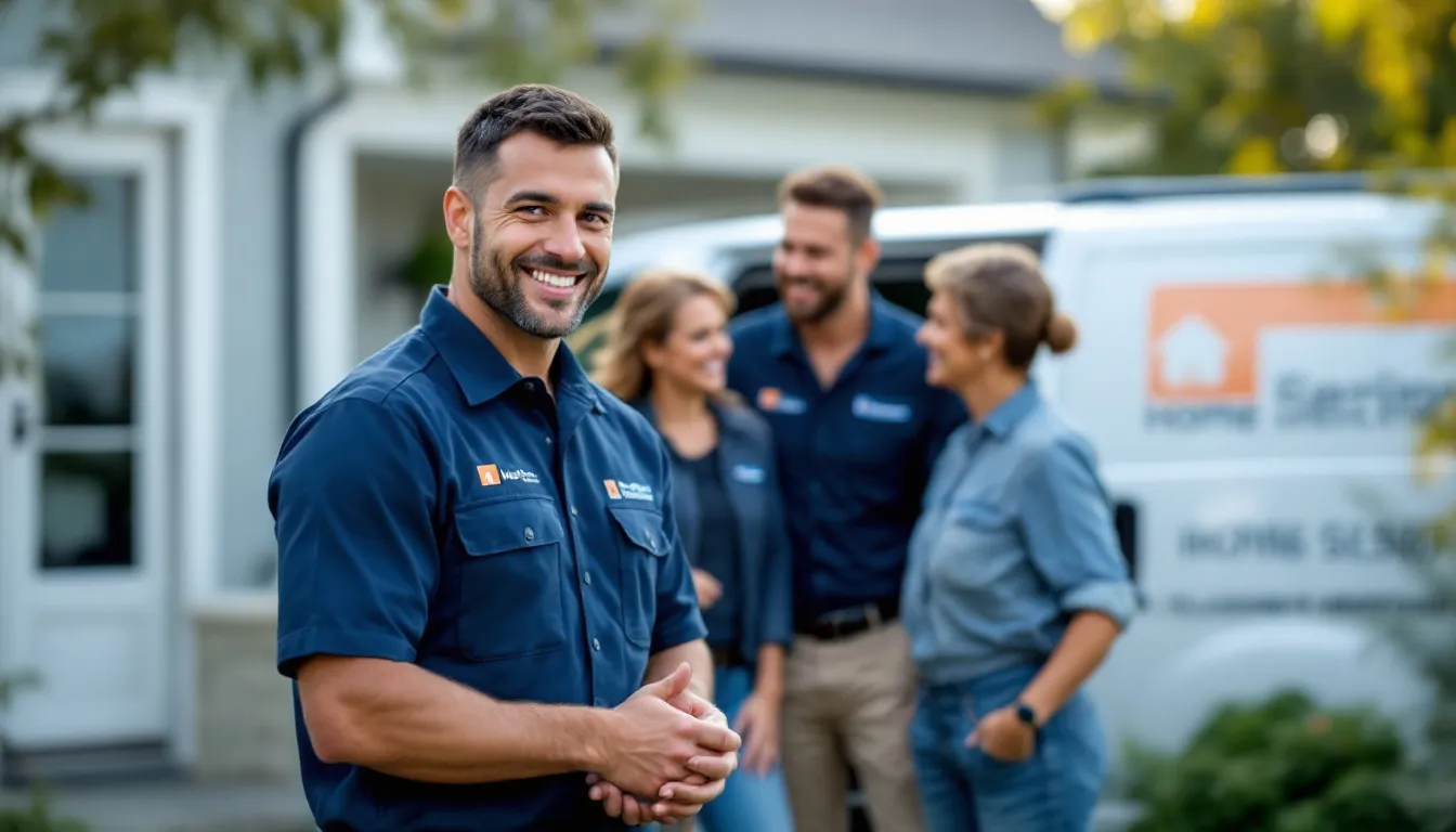 a professional home services technician wearing a branded uniform, interacting with satisfied homeowners.