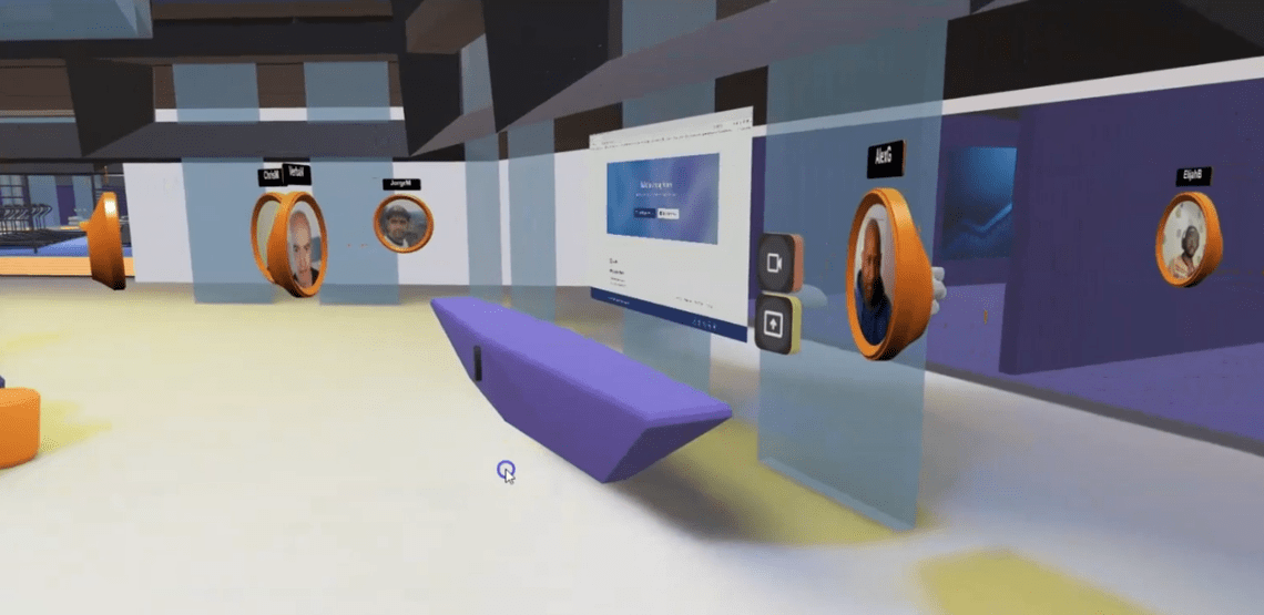 Circular avatars with people’s faces in a 3D virtual office spaces, gathered around a presentation screen above a presentation table