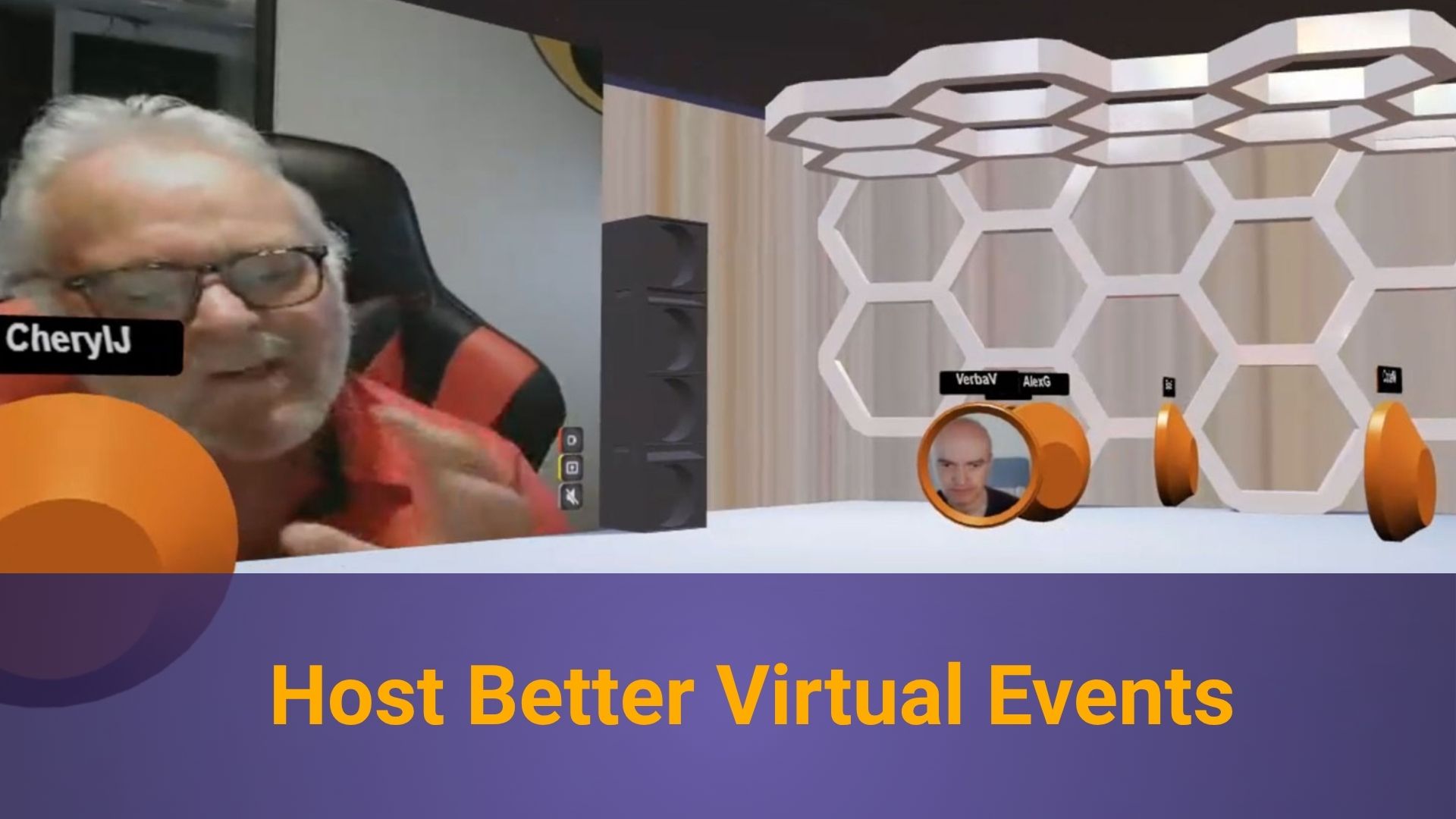live circular video avatars moving about freely in an online event in the NEW 3D Spaces Auditorium that holds up to 200 participants