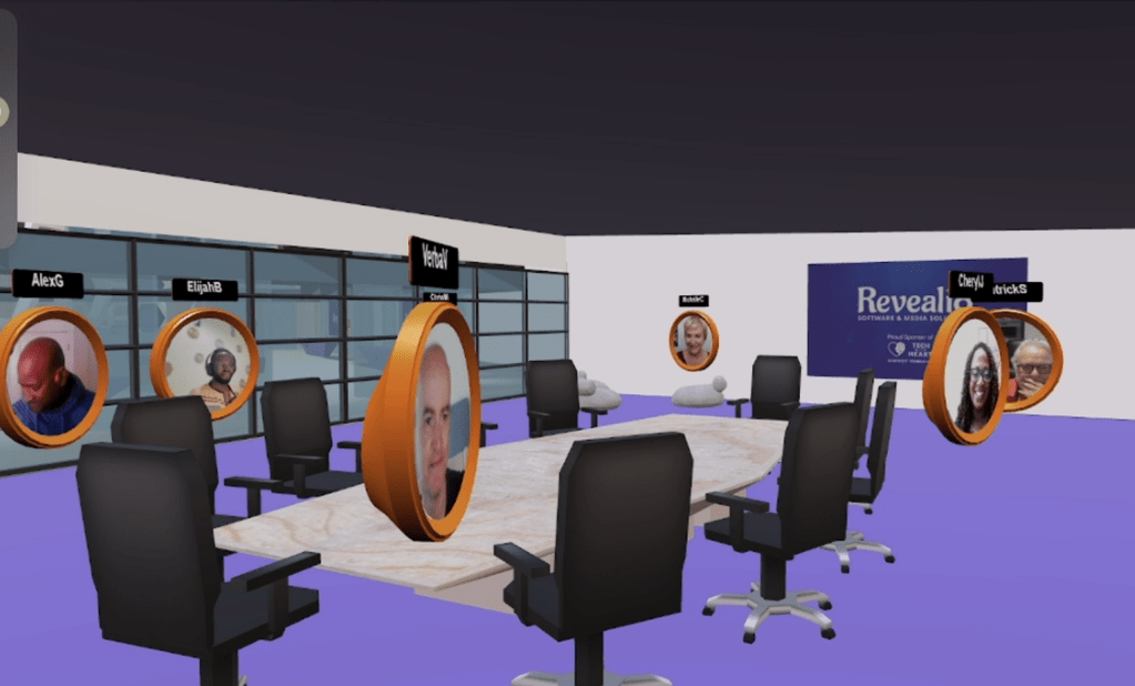 Image of circular live video avatars in a 3D business board room