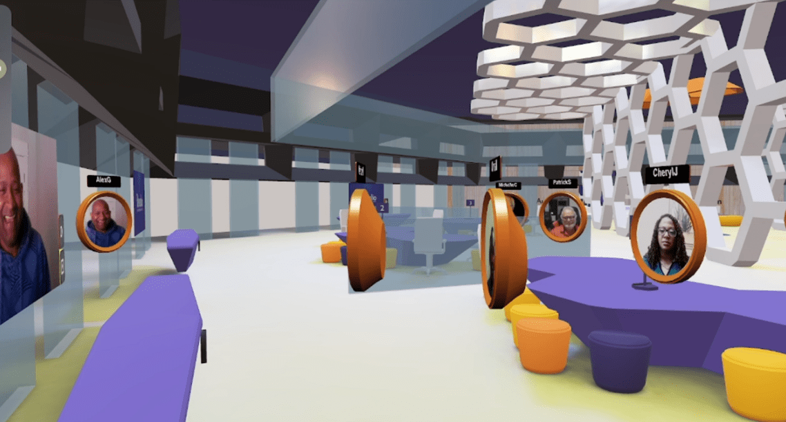 live circular video avatars move about freely while communicating with other participants within the 3D Space