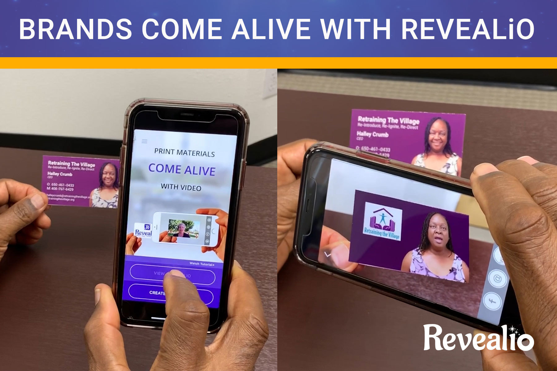 business cards come alive with video message when viewed through Revealio mobile app