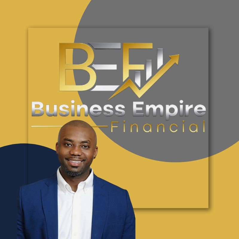 Headshot of Joe McCants wearing a blue suit jacket and white shirt with a gold and gray background that says Business Empire Financial