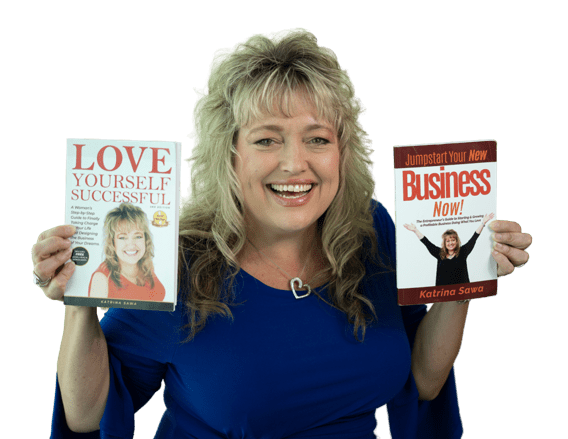 KatrinaSawa-BlueDressCroppedBooks Picture of Katrina Sawa, Jumpstart Your Biz Coach and author with blond hair wearing a blue dress