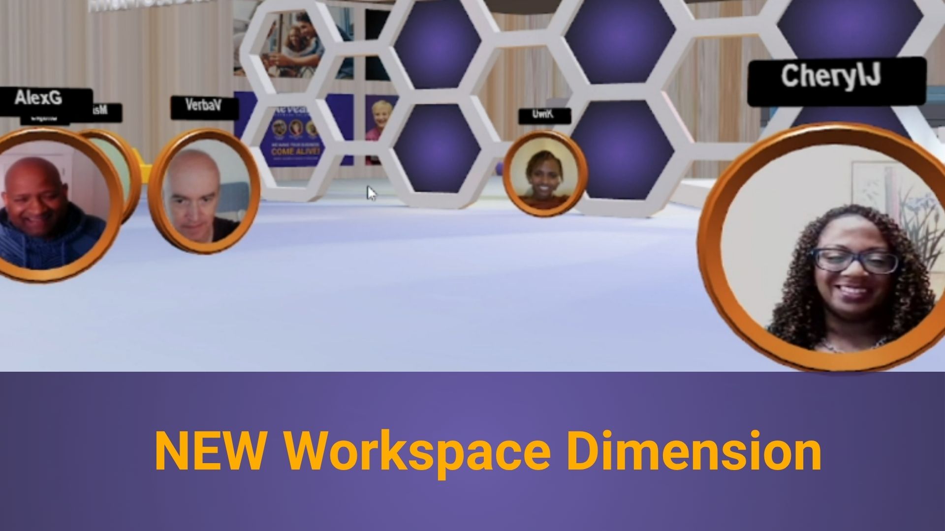 Modern-looking 3D digital workspace with circular avatars of people's faces and the text "NEW Workspace Dimension" across the bottom.