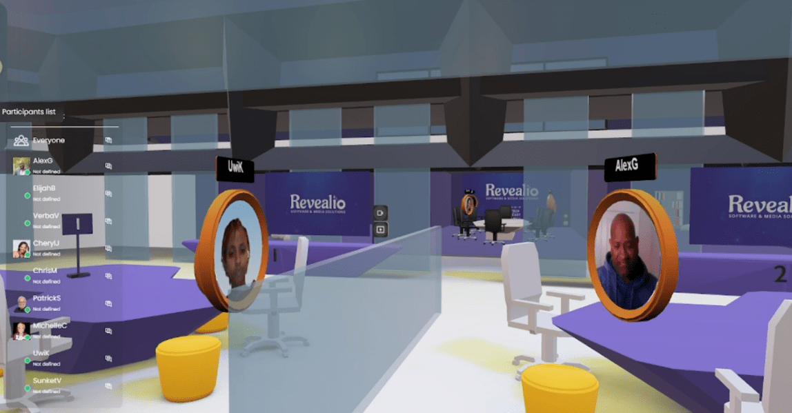 3D virtual shared office space with desks, chairs, a list of live users on the left, and circular live video avatars facing each other