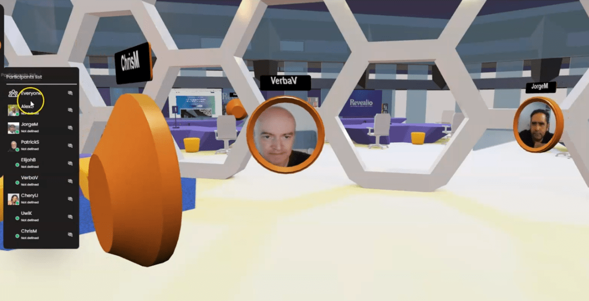 3D virtual office space with modern decor and circular live video avatars with names above each person, speaking to each other
