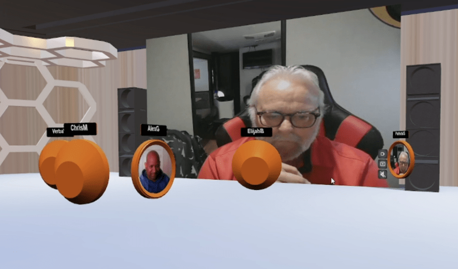 Circular live video avatars with people’s names above each circle watching a business man present a live video of himself on the wall of a 3D auditorium