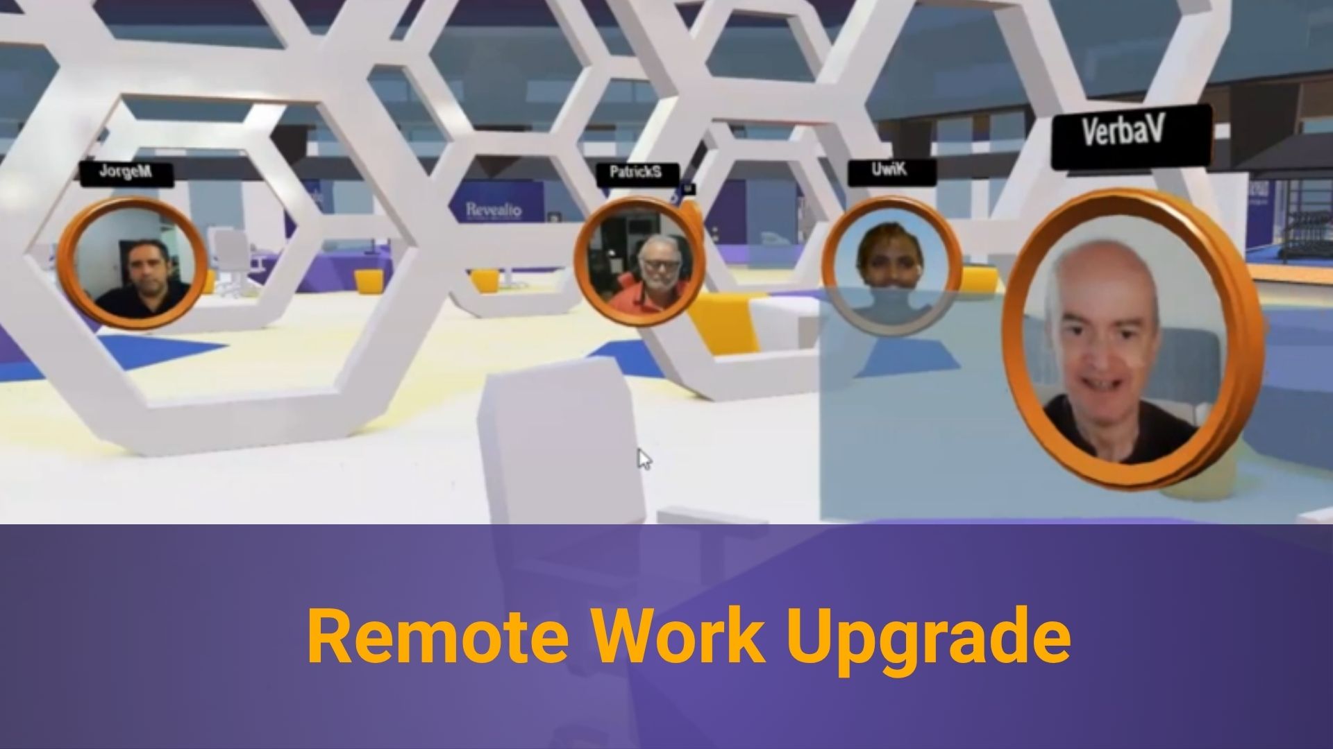 Modern-looking 3D digital workspace with circular avatars of people's faces and the text "Remote Work Upgrade" across the bottom.