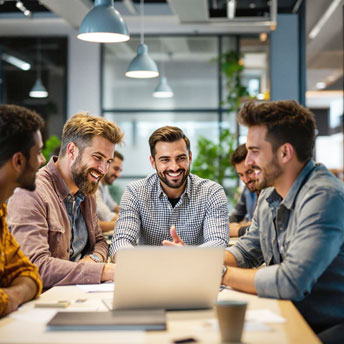 small business team gathered around a computer