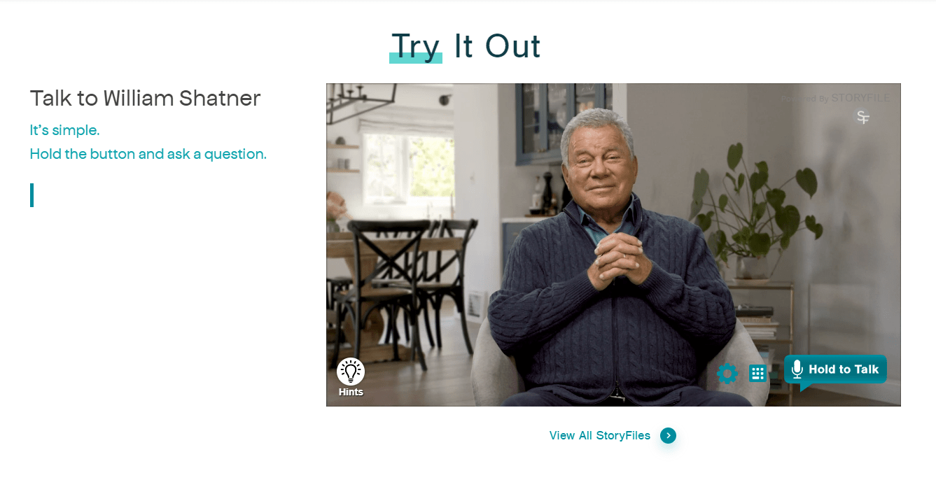 Storyfile Try It Out Talk to William Shatner - William Shatner sitting in a chair with hands together