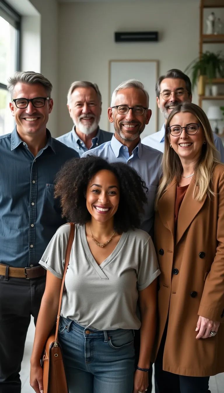 small group of business professionals of all ages smiling at the camera