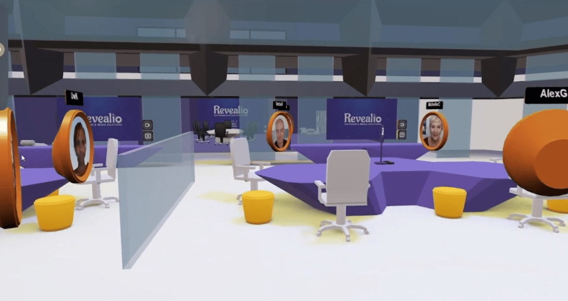 3D virtual office space with circular avatars of people’s faces surrounding team workstations with branded meeting rooms behind them