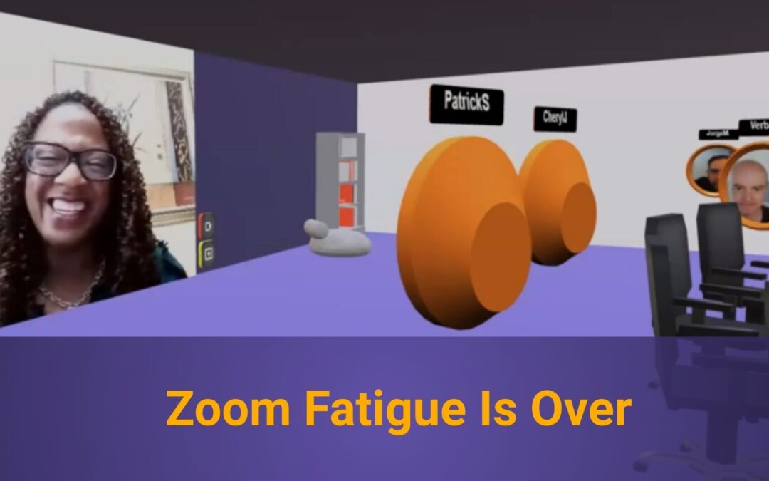 A woman is presenting a live video of her face on the wall of a 3D virtual conference room. There are circular avatars with people's faces turned and watching the presenter. Bottom text reads "Zoom Fatigue is Over"