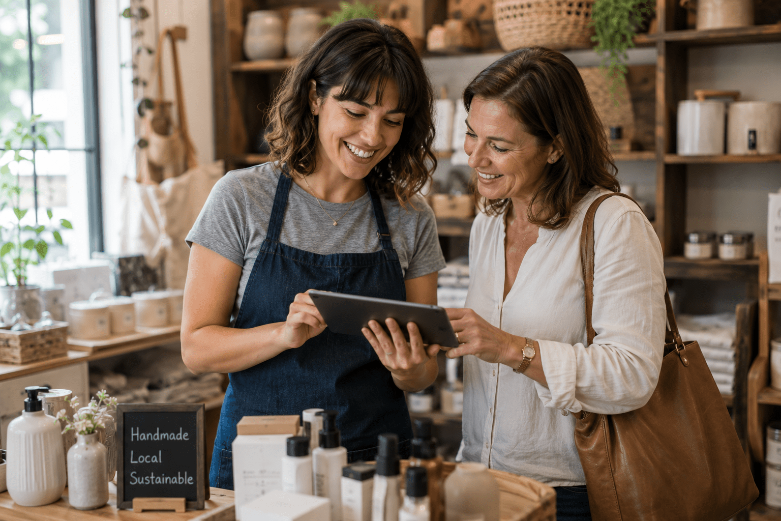 a business owner working with a customer on a laptop inside of the store