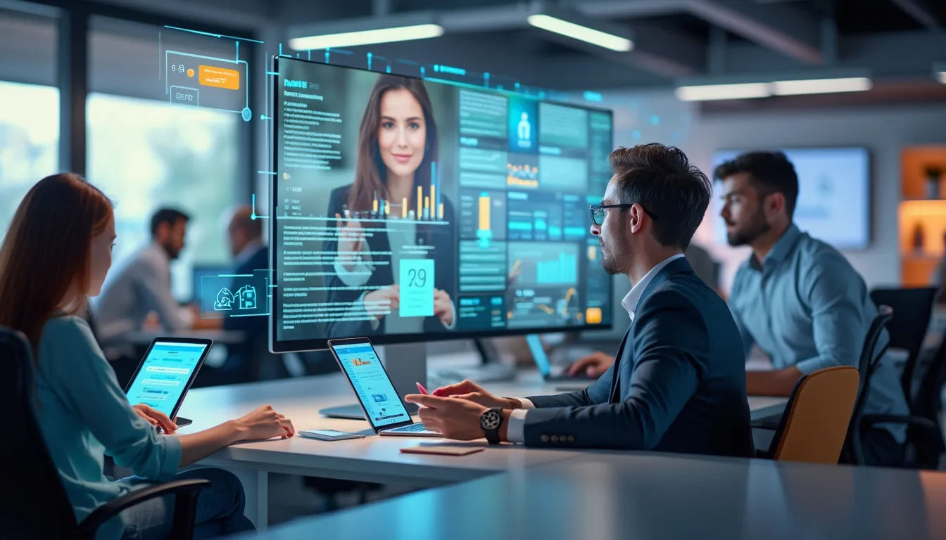 office with business workers using automation tools while on video call