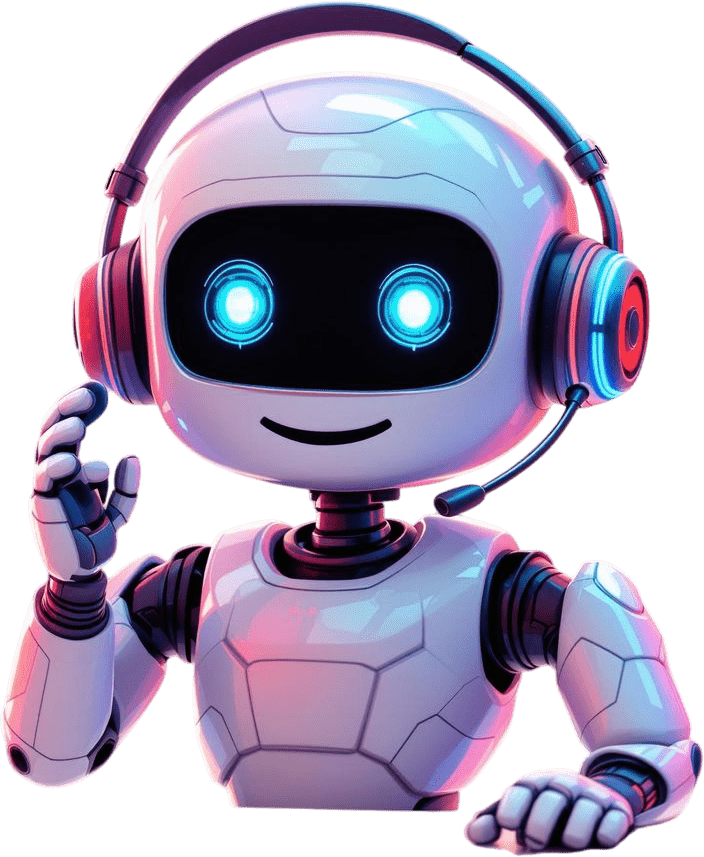 Voice AI  assistant depicted as a cartoon robot with headset and microphone
