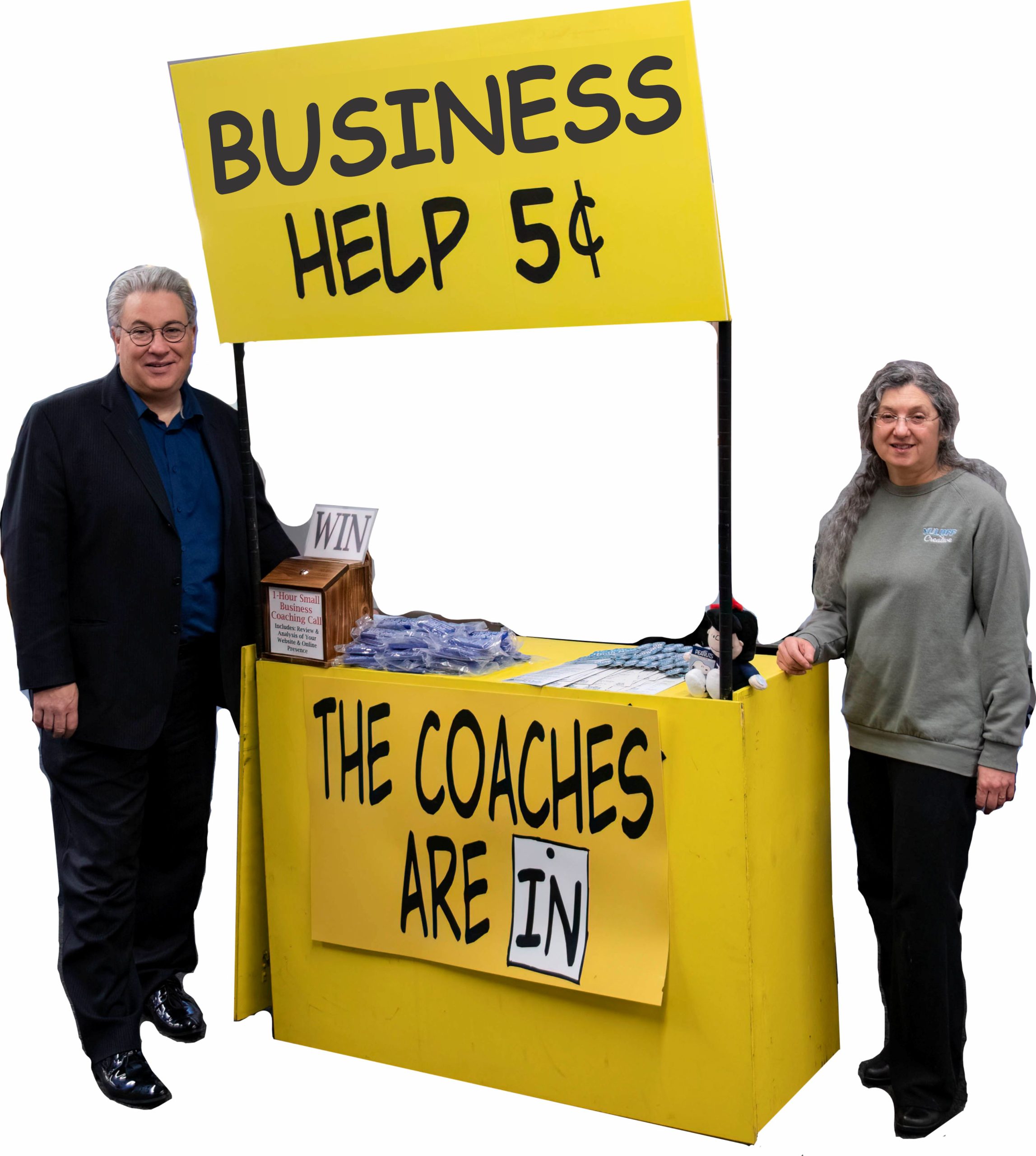 man and woman standing by kiosk offering affordable marketing strategies for small business owners